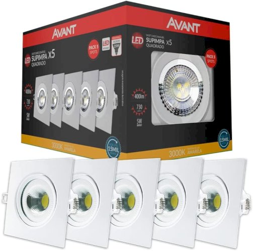 Kit Spot LED, 5 unidades, 5W, Luz amarela 3000K, Embutir - Avant